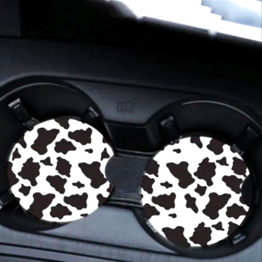 New 2 Piece Set:  Cow Print Car Coasters